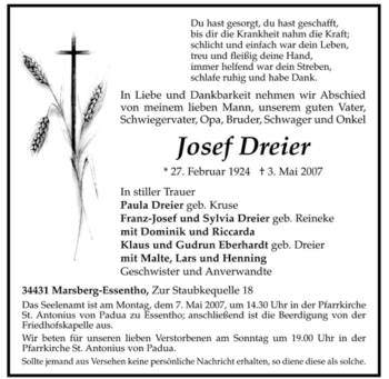 Traueranzeige von Josef Dreier von Tageszeitung