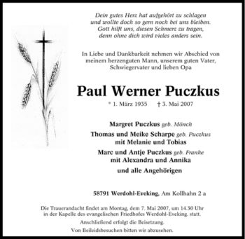 Traueranzeige von Paul Werner Puczkus von Tageszeitung
