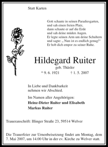 Traueranzeige von Hildegard Ruiter von Tageszeitung