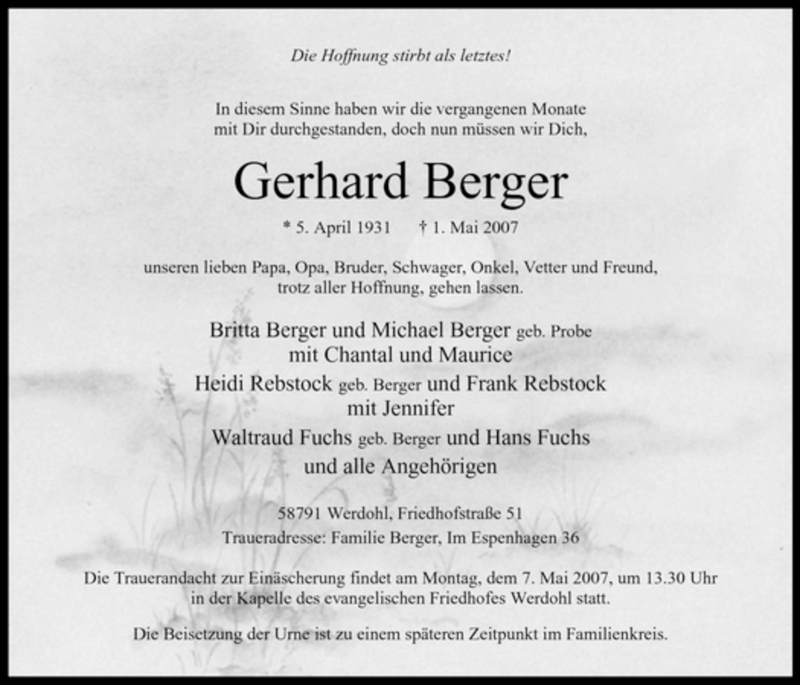  Traueranzeige für Gerhard Berger vom 04.05.2007 aus Tageszeitung