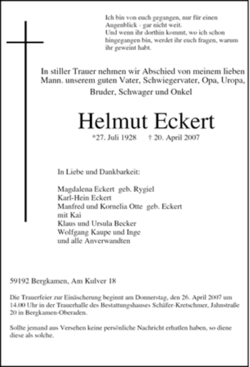 Traueranzeige von Helmut Eckert von Tageszeitung