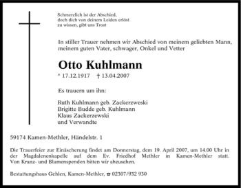 Traueranzeige von Otto Kuhlmann von Tageszeitung