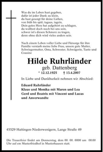 Traueranzeige von Hilde Ruhrländer von Tageszeitung