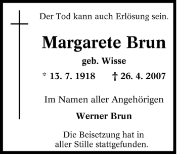 Traueranzeige von Margarete Brun von Tageszeitung