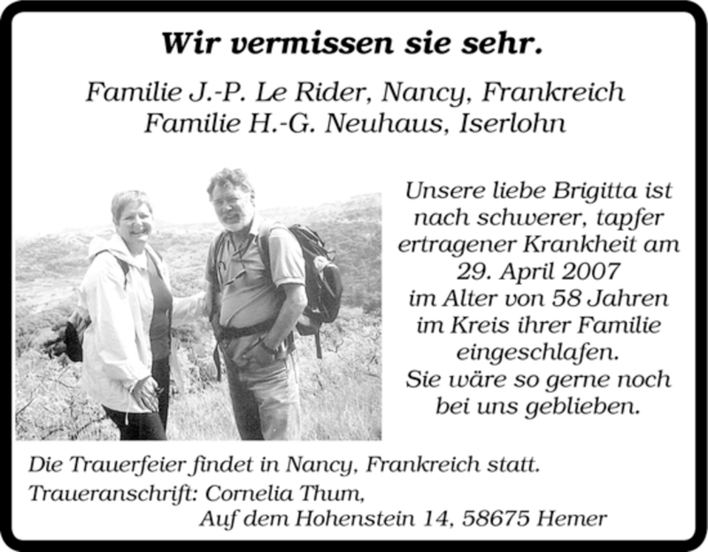 Traueranzeige für Familie J.-P. Le Rider, Nancy, Frankreich vom 05.05.2007 aus Tageszeitung