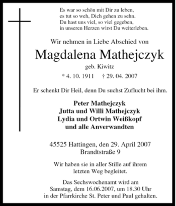 Traueranzeige von Magdalena Mathejczyk von Tageszeitung