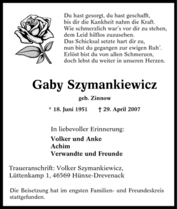Traueranzeige von Gaby Szymankiewicz von Tageszeitung