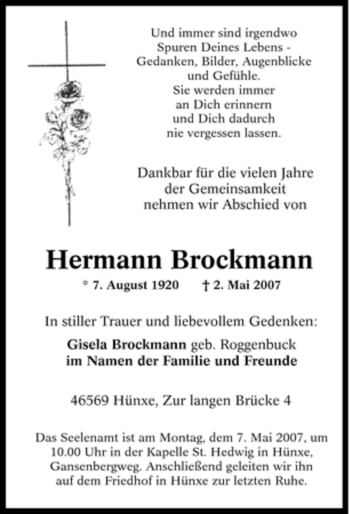 Traueranzeige von Hermann Brockmann von Tageszeitung