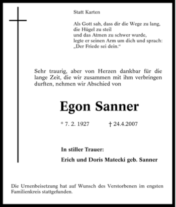 Traueranzeige von Egon Sanner von Tageszeitung
