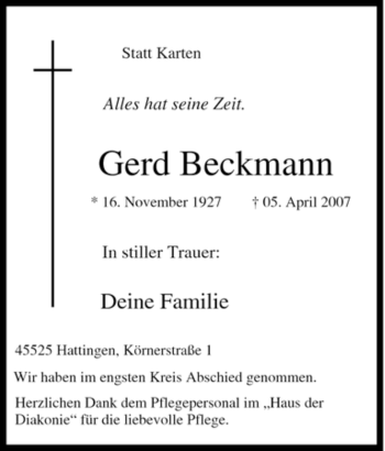 Traueranzeige von Gerd Beckmann von Tageszeitung