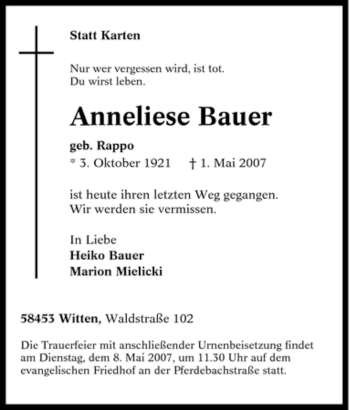 Traueranzeige von Anneliese Bauer von Tageszeitung