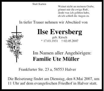 Traueranzeige von Ilse Eversberg von Tageszeitung