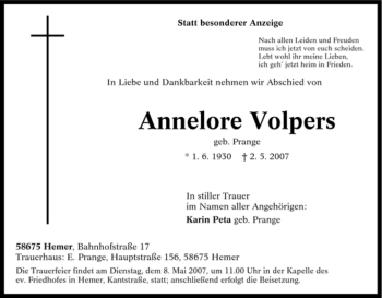 Traueranzeige von Annelore Volpers von Tageszeitung