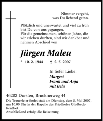 Traueranzeige von Jürgen Maleu von Tageszeitung