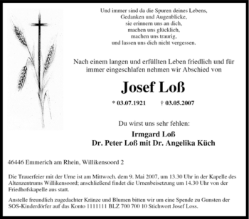 Traueranzeige von Josef Loß von Tageszeitung