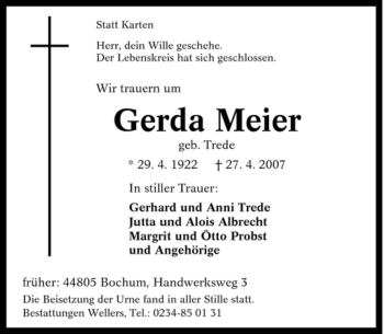 Traueranzeige von Gerda Meier von Tageszeitung