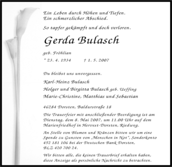 Traueranzeige von Gerda Bulasch von Tageszeitung