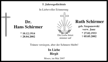Traueranzeige von Hans Schirmer von Tageszeitung