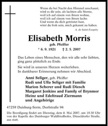 Traueranzeige von Elisabeth Morris von Tageszeitung