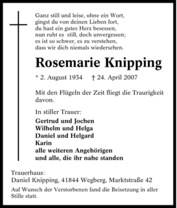 Traueranzeige von Rosemarie Knipping von Tageszeitung