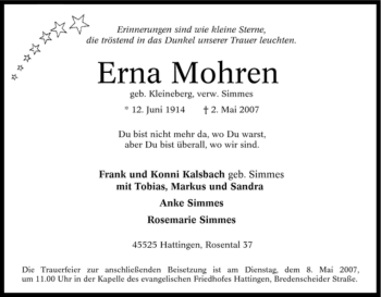 Traueranzeige von Erna Mohren von Tageszeitung