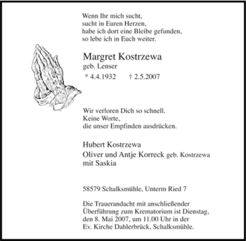 Traueranzeige von Margret Kostrzewa von Tageszeitung