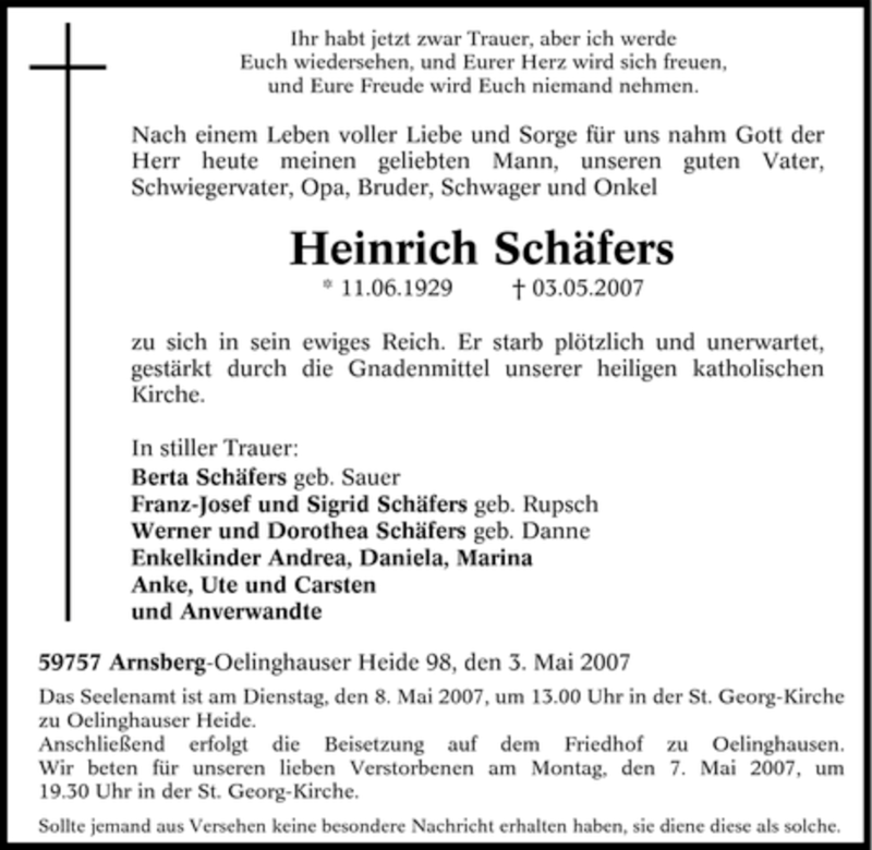  Traueranzeige für Heinrich Schäfers vom 05.05.2007 aus Tageszeitung