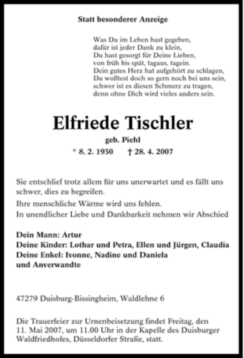 Traueranzeige von Elfriede Tischler von Tageszeitung