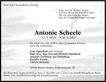 Traueranzeige von Antonie Scheele von Tageszeitung