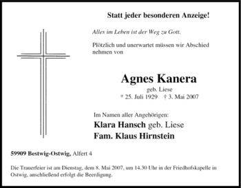 Traueranzeige von Agnes Kanera von Tageszeitung
