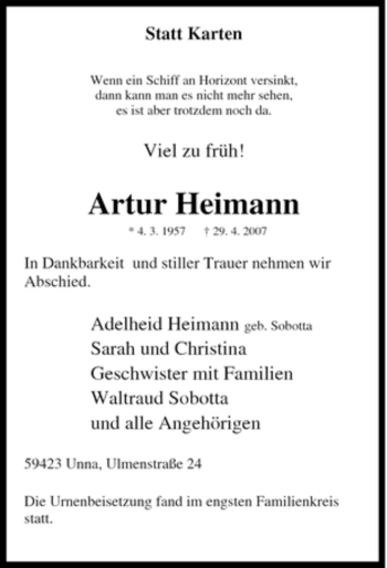 Traueranzeige von Artur Heimann von Tageszeitung