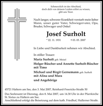 Traueranzeige von Josef Surholt von Tageszeitung