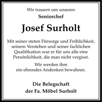 Traueranzeige von Josef Surholt von Tageszeitung