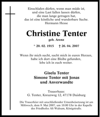 Traueranzeige von Christine Tenter von Tageszeitung