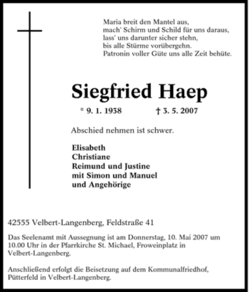 Traueranzeige von Siegfried Haep von Tageszeitung