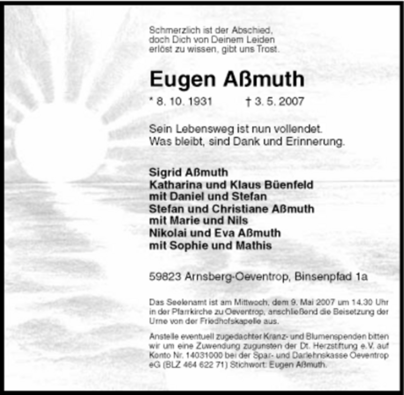  Traueranzeige für Eugen Aßmuth vom 05.05.2007 aus Tageszeitung