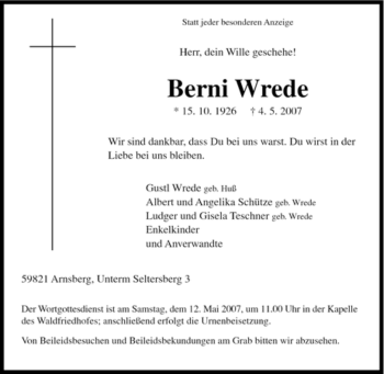 Traueranzeige von Berni Wrede von Tageszeitung