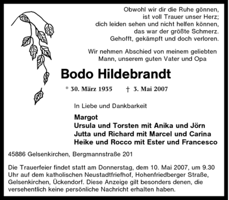  Traueranzeige für Bodo Hildebrandt vom 05.05.2007 aus Tageszeitung