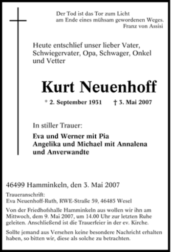 Traueranzeige von Kurt Neuenhoff von Tageszeitung