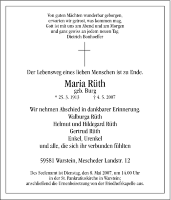 Traueranzeige von Maria Rüth von Tageszeitung
