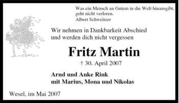 Traueranzeige von Fritz Martin von Tageszeitung