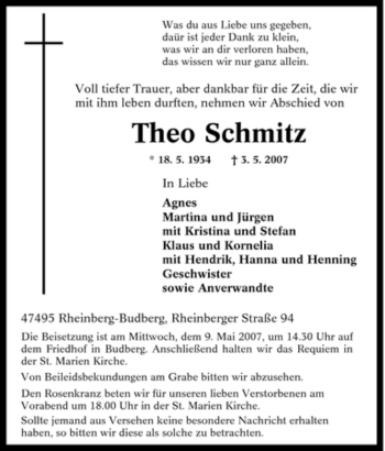 Traueranzeige von Theo Schmitz von Tageszeitung