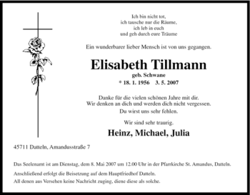 Traueranzeige von Elisabeth Tillmann von Tageszeitung