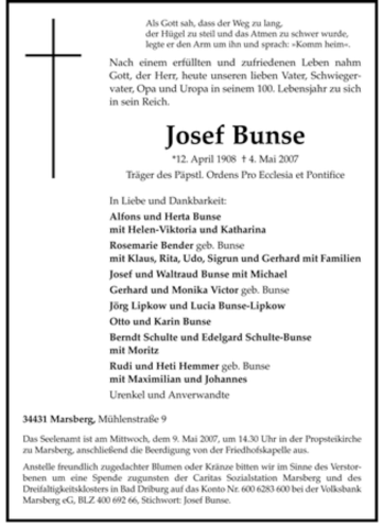 Traueranzeige von Josef Bunse von Tageszeitung