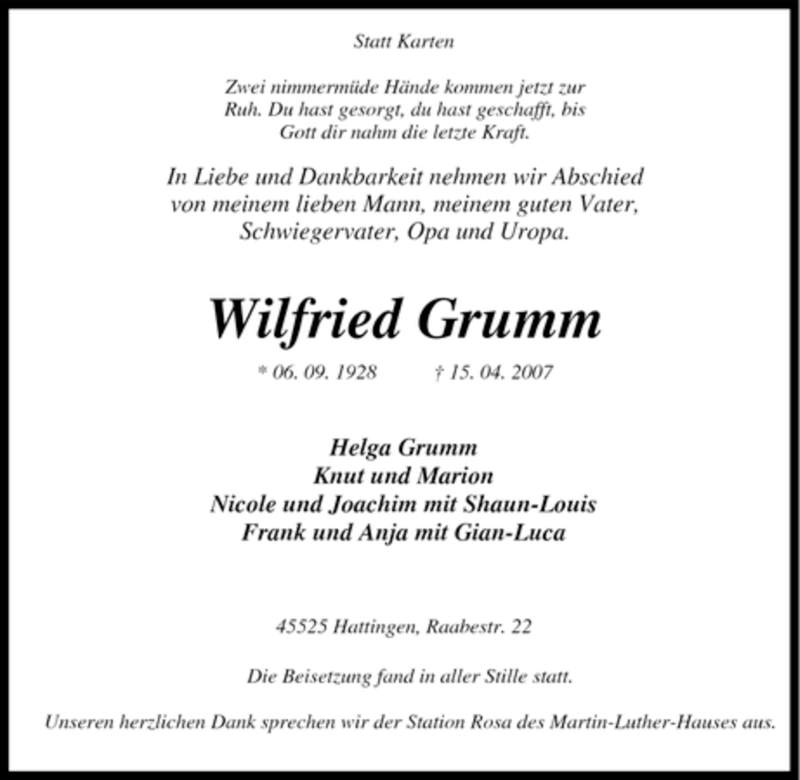  Traueranzeige für Wilfried Grumm vom 07.05.2007 aus Tageszeitung