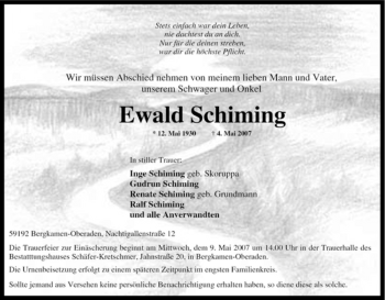 Traueranzeige von Ewald Schiming von Tageszeitung