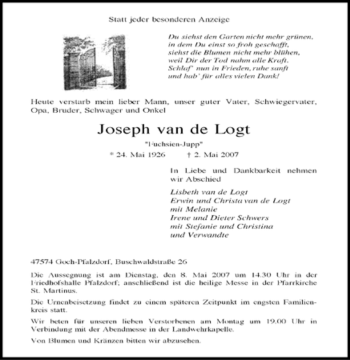 Traueranzeige von Joseph van de Logt von Tageszeitung
