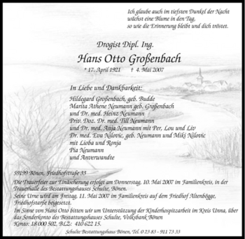 Traueranzeige von Hans Otto Großenbach von Tageszeitung