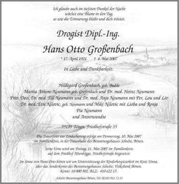 Traueranzeige von Hans Otto Großenbach von Tageszeitung