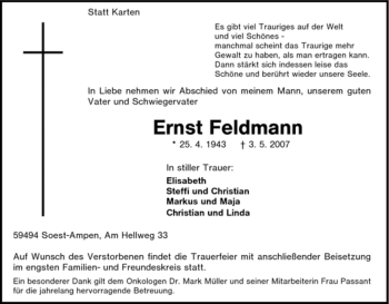 Traueranzeige von Ernst Feldmann von Tageszeitung